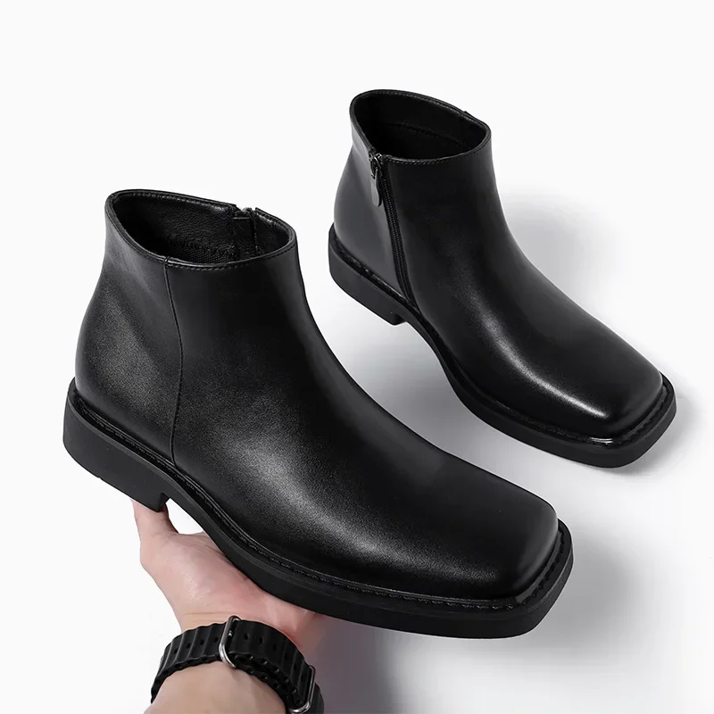 Black New Fashion Men Casual Leather Shoes Autumn Winter Dress Ankle Boots Vintage British Business Square Toe Chelsea Boots