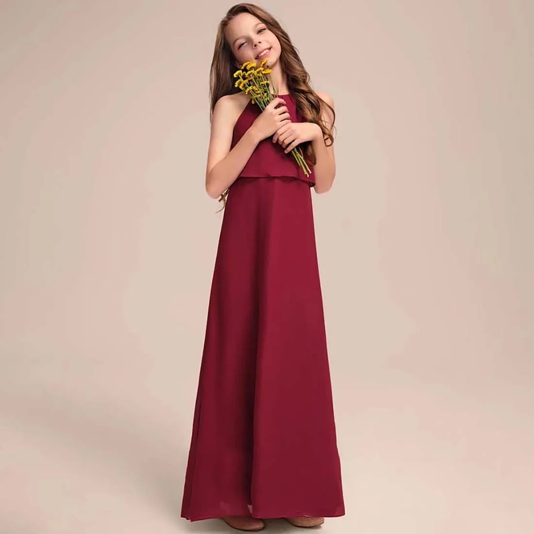 YZYmanualroom Chiffon Junior Bridesmaid Dress With Pleated A-line Halter Floor-Length 2-15T