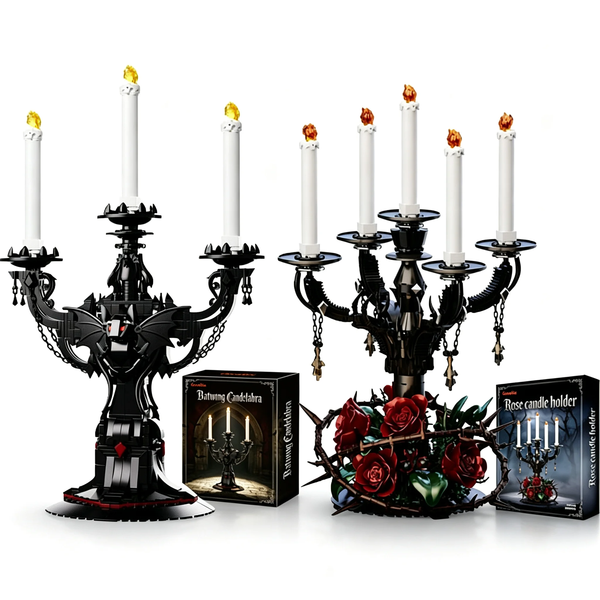 Gothic Candelabra Building Blocks Set Bat‑Wing & Rose Thorn Candle Holder With LED Light Bricks Model Gift for Adults Collectors