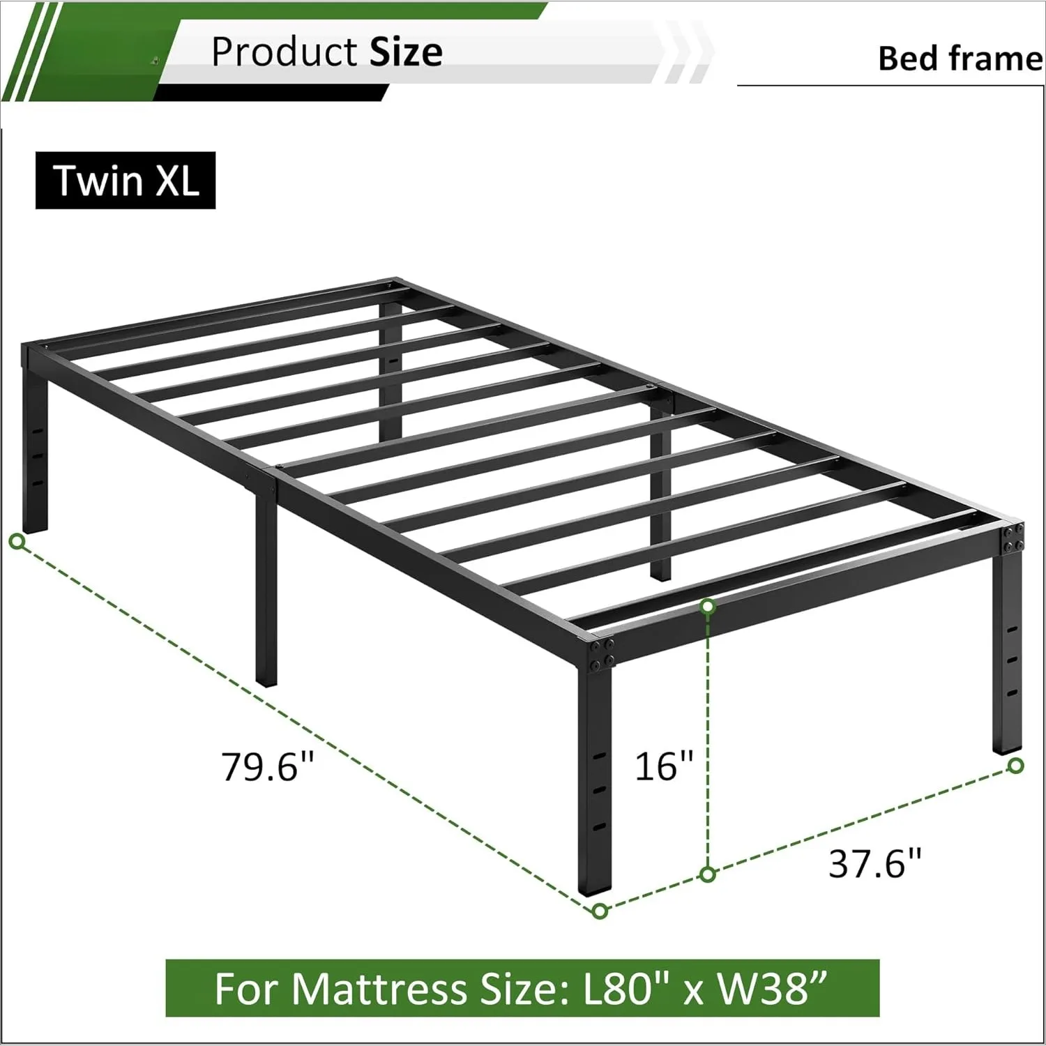 Molduras de cama Twin XL com plataforma de 16 polegadas, sem necessidade de molas, estrutura de cama de metal resistente, sem ruído, fácil montagem, preta