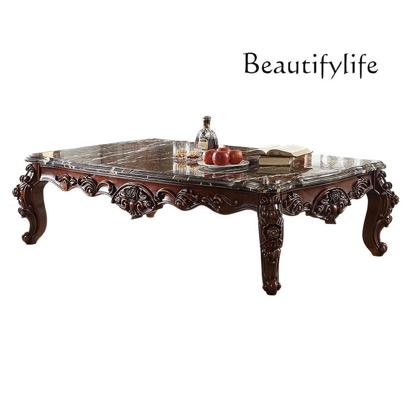 

European all-solid wood coffee table log carved marble square corner American side table living room coffee table