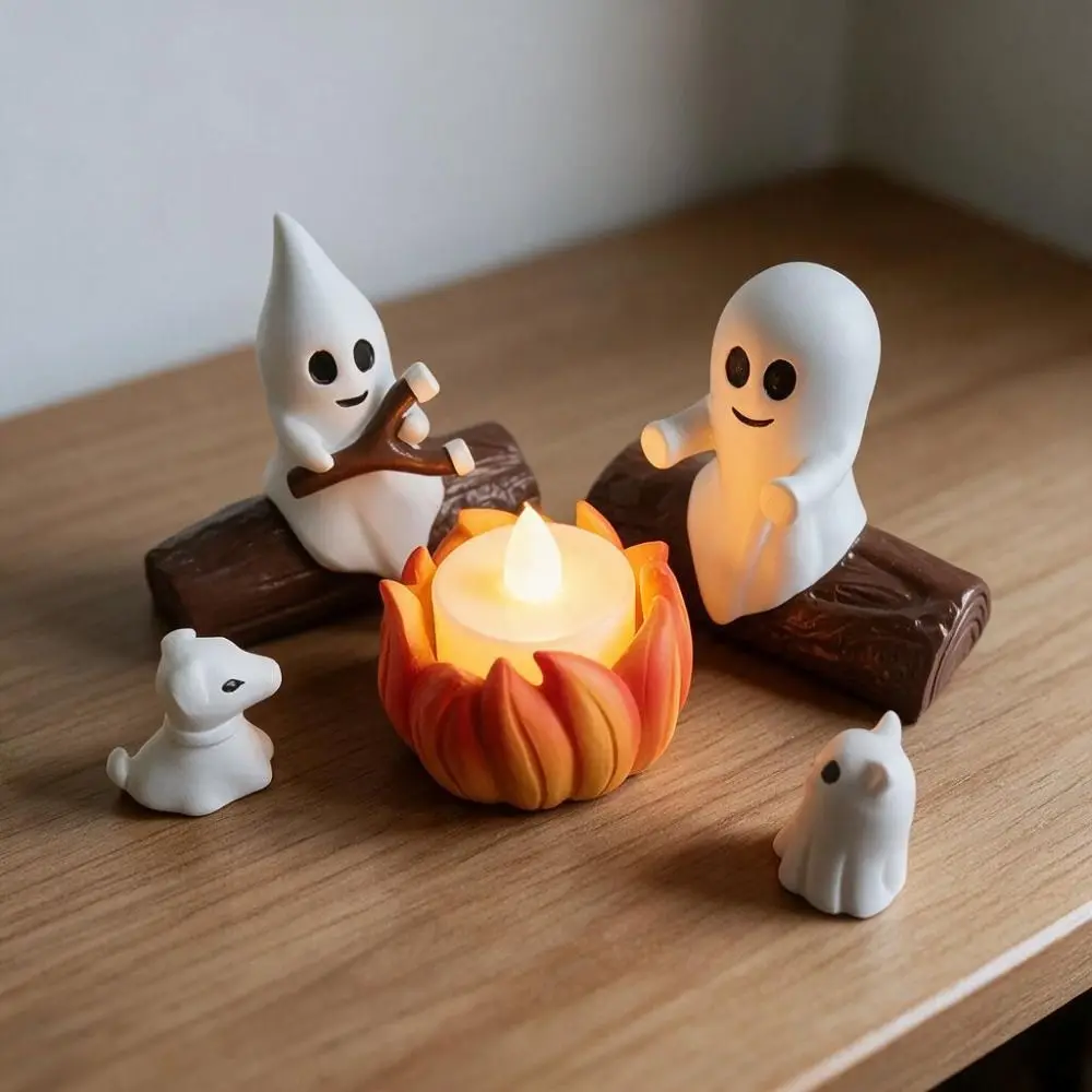5PCS Resin Halloween Ghost Campfire Dog Cat Statue Cartoon LED Candle Ghost Campfire Gathering Night Light 3D Mini