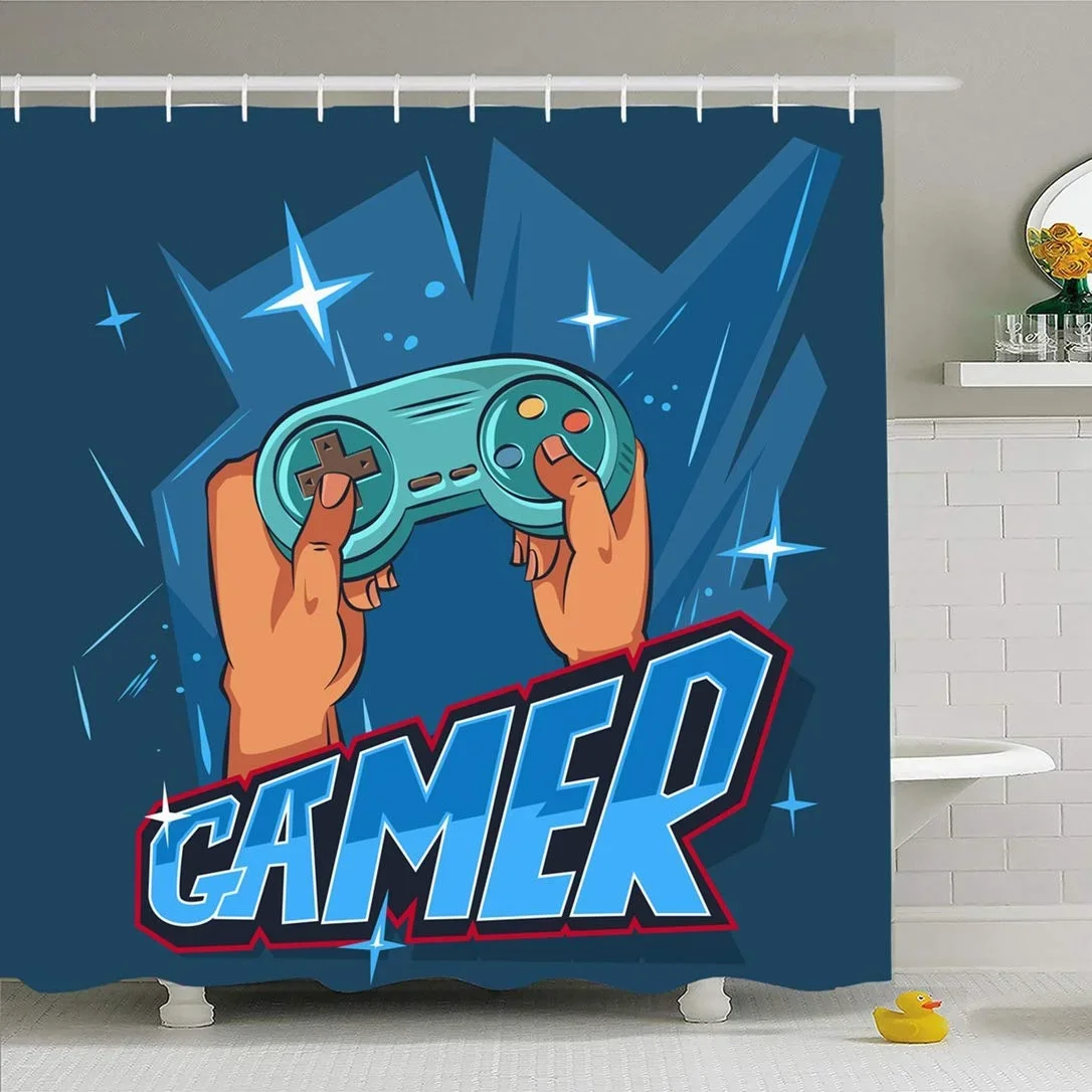 Modern Gamer Shower Curtains Video Game Controller Bath Curtain Room Decor Bright Colorful Geometry Waterproof Bathroom Curtains