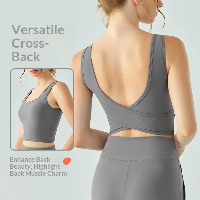 SHINBENE Women Yoga Vest Cross Back Sports Bra Semi Fixed Cup Sweat Proof Slim Fit Workout Top