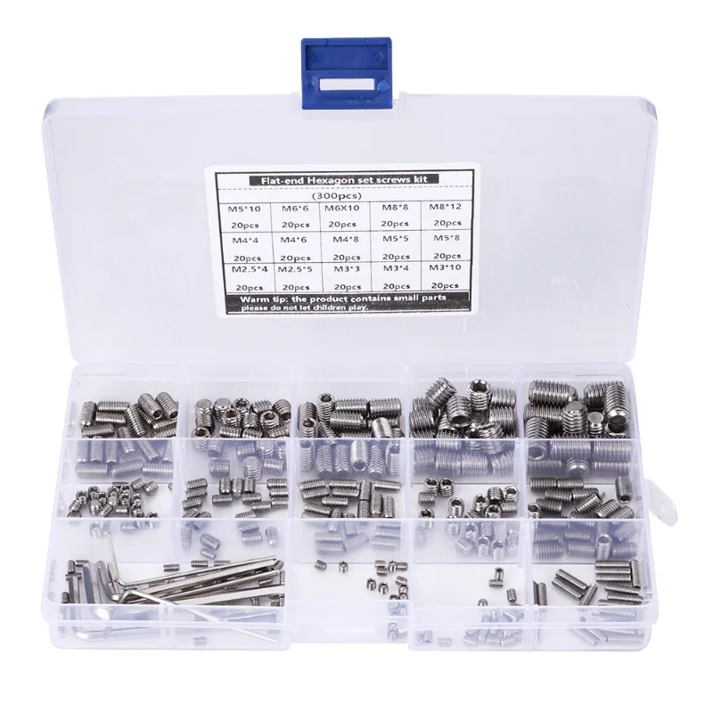 

300Pcs Hex Grub Screw Kit Combination Boxed 304 Stainless Steel With 6 Wrench Fasteners