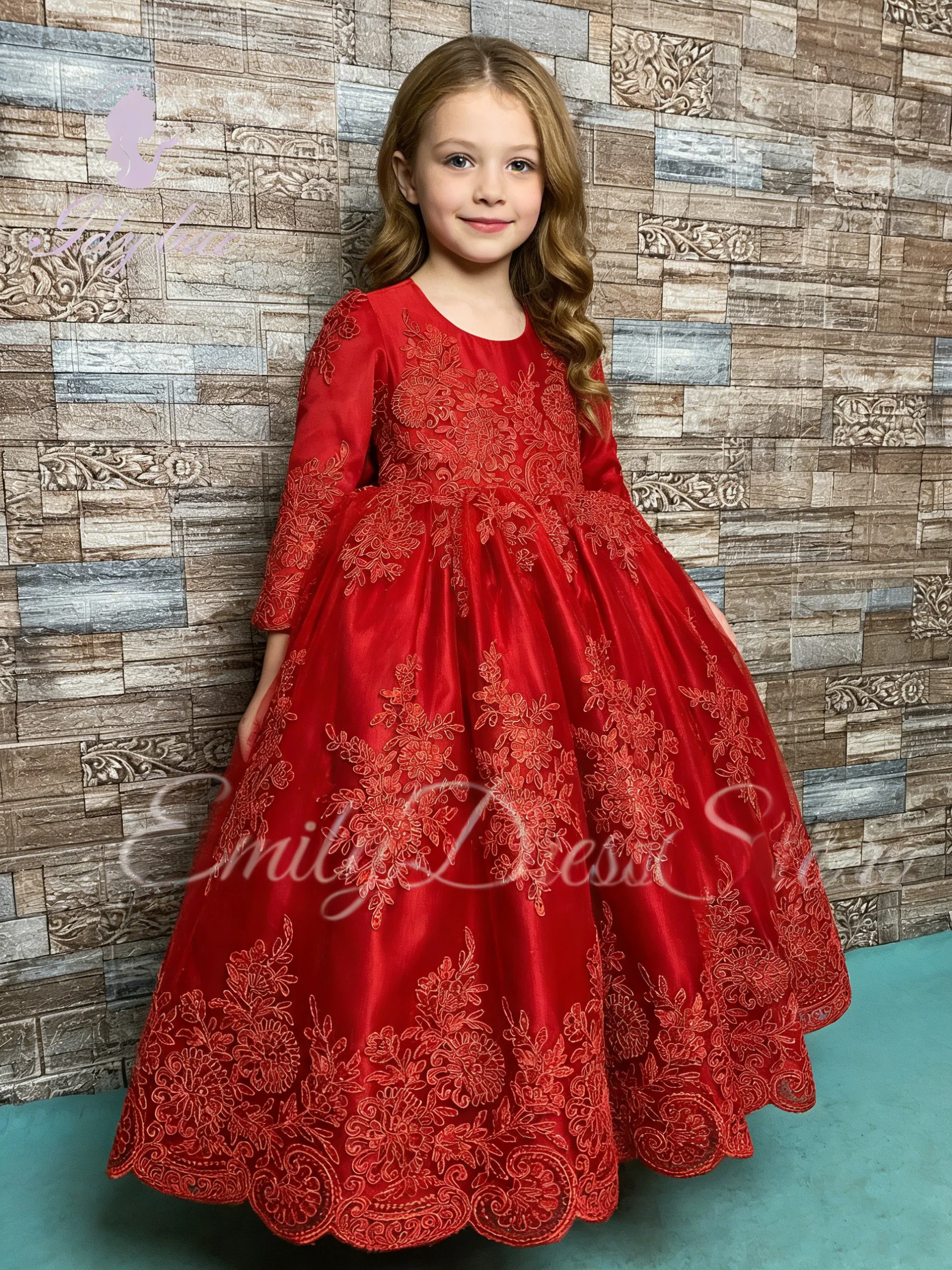 abito-da-damigella-personalizzato-rosso-con-pizzo-e-fiocco-maniche-lunghe-a-sbuffo-vestito-elegante-per-bambine-compleanno-prima-comunione