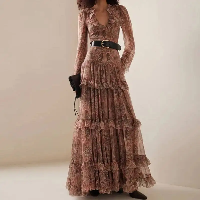 

2025 Autumn Casual Bohemia Dresses Elegant V-Neck Ruffled High Waist Evening Women Fashion Printed Mesh Pleated Long Dress