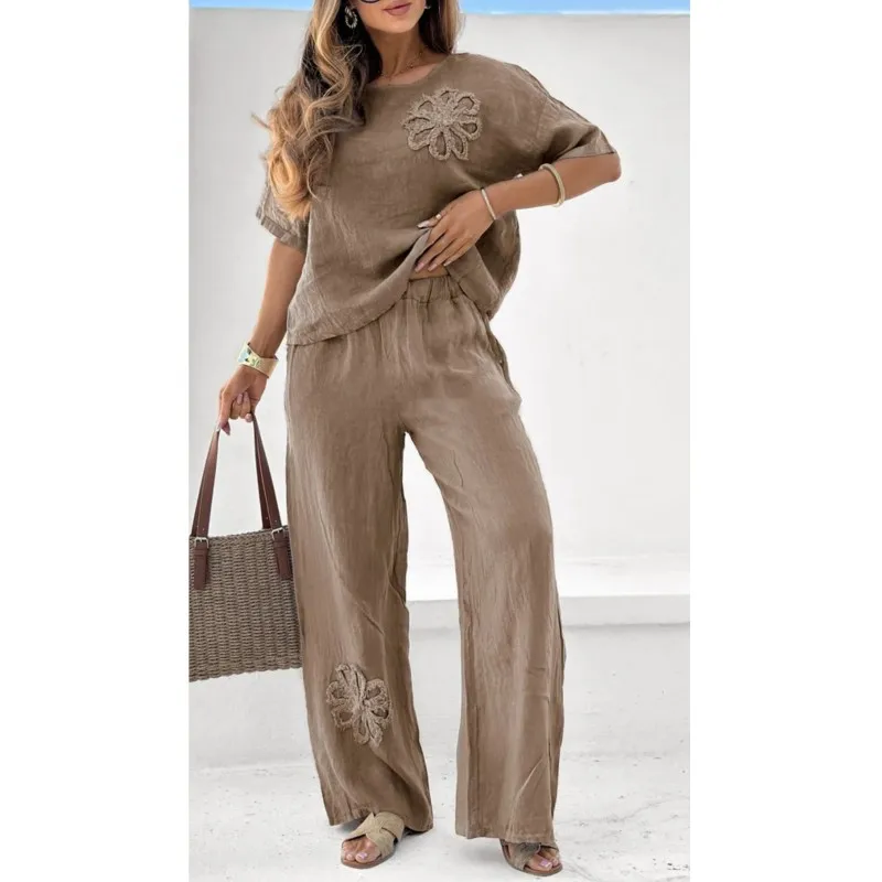 

Summer New Fashion Cotton And Linen Women's Embroidered Top High-waisted Wide-leg Trousers Solid Color Temperament Casual Suit