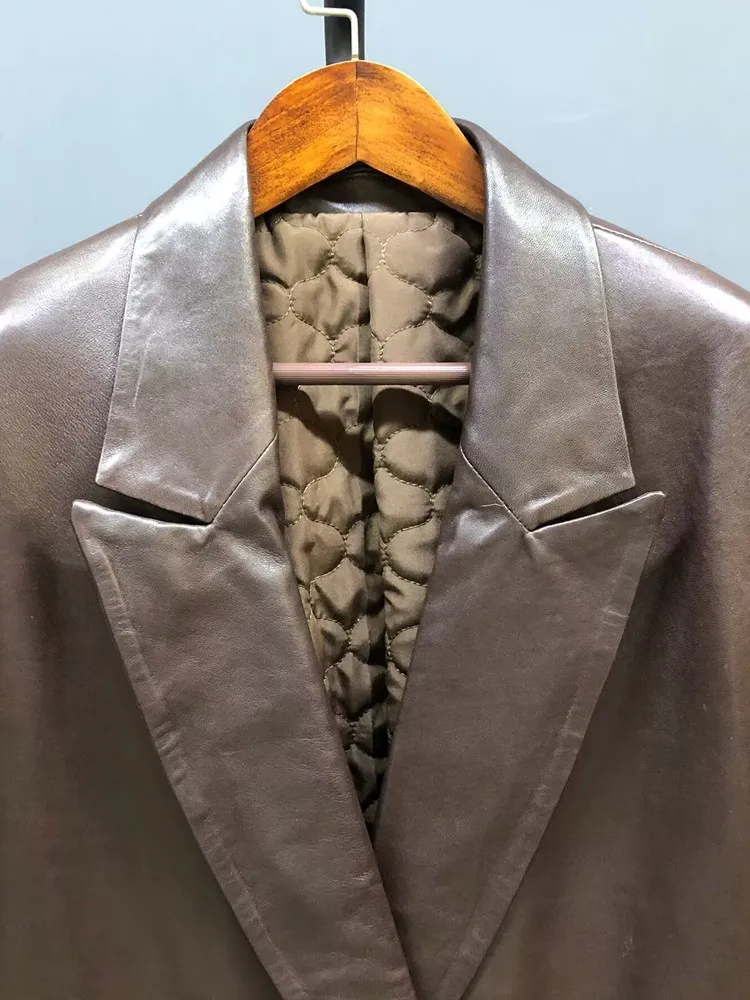 Frauen Herbst Top Qualität Fashion Echtes Leder Jacke Mid Lange Gerade Kerb Kragen Gepolsterte Mantel Natürliche Schaffell Oberbekleidung