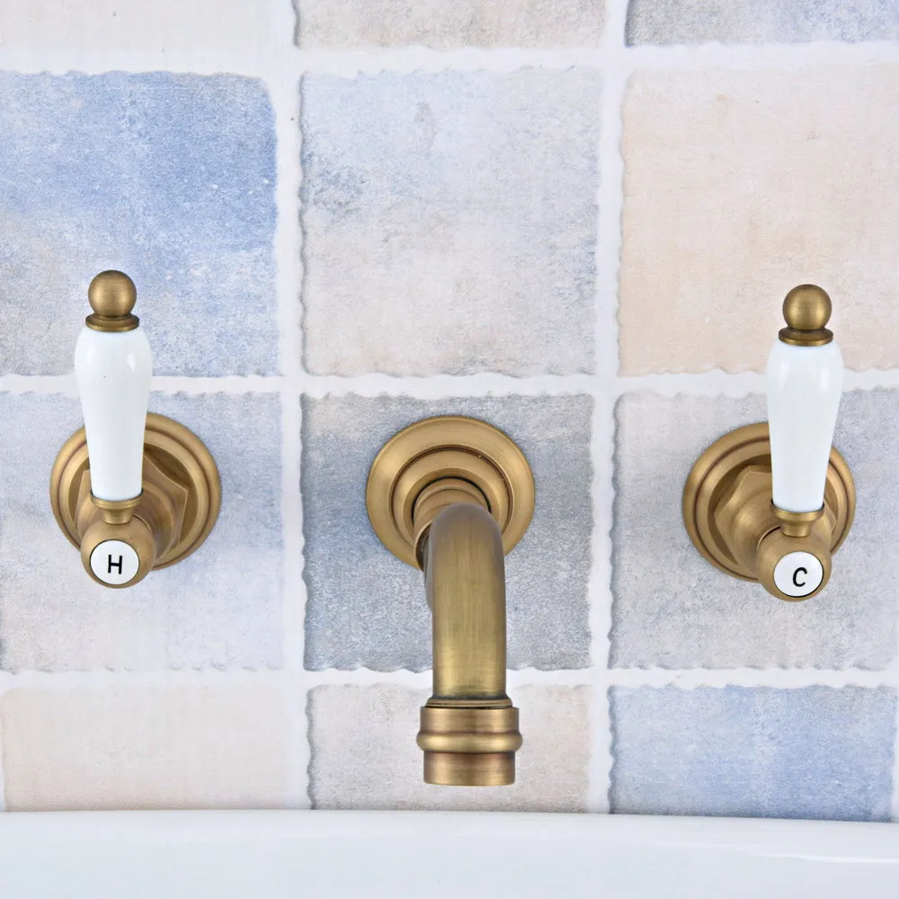Retro Vintage Antique Brass Two Handle Wall Mount 3 Hole Widespread Bathroom Lavatory Vessel Basin Faucet Sink Mixer Tap dsf532