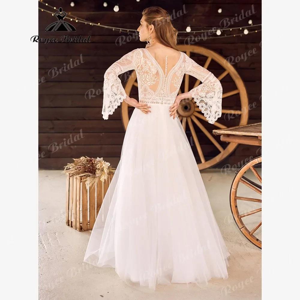 Robe mariage civile femme manga longa com decote em v divisão lateral renda corpete boho vestido de casamento para mulher 2025 vestido de noiva roycebridal