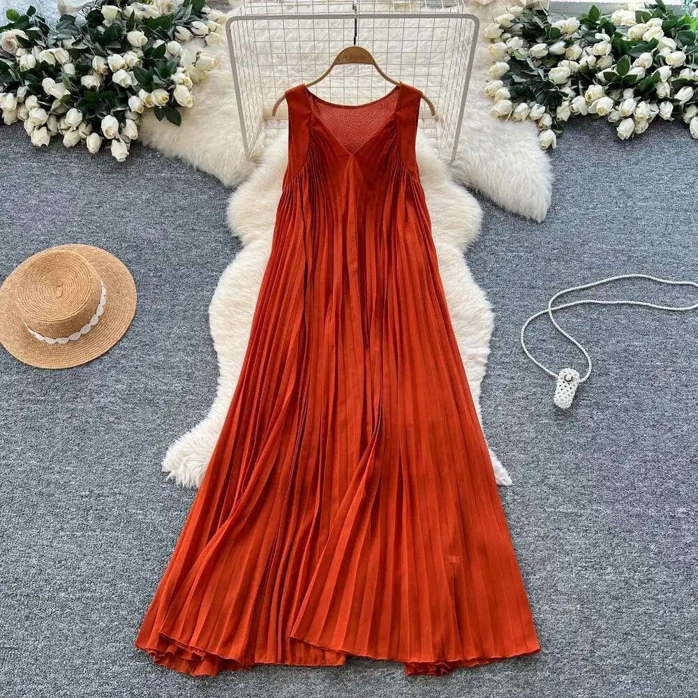 

Chic Elegant sleeveless Ruched loose High Waist A-line Long dress Vestidos Beach sundress women clothing