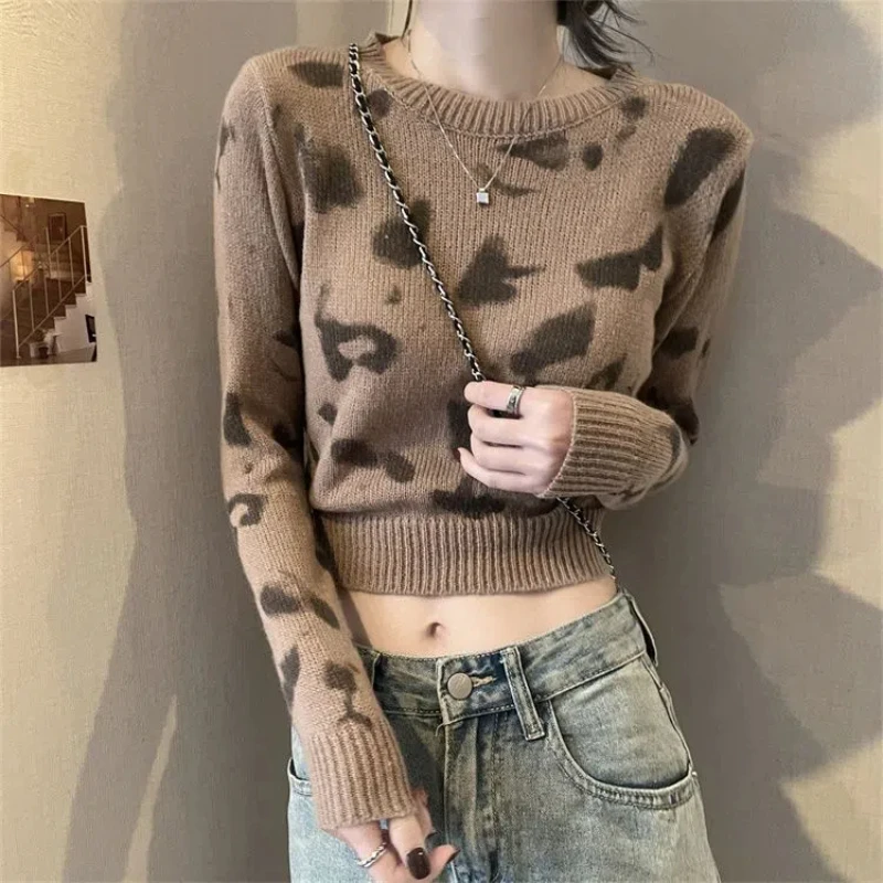 Autumn Winter New Fashion Round Neck Long Sleeve Printing Leopard Pullovers Women's Clothing Casual All-match Knitting Chic Tops