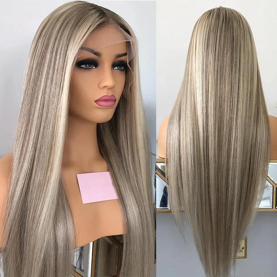 

Ombre Goden Blonde Highlight Lace Front Wig Layed Natural Wavy 13X4 Lace Frontal Wig Synthetic Blended Hair For Women Daily
