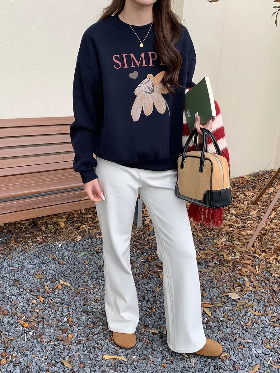 بلوفر نسائي مخملي بأكمام طويلة كاجوال مطبوع برقبة دائرية لمجموعة الخريف والشتاء الجديدة