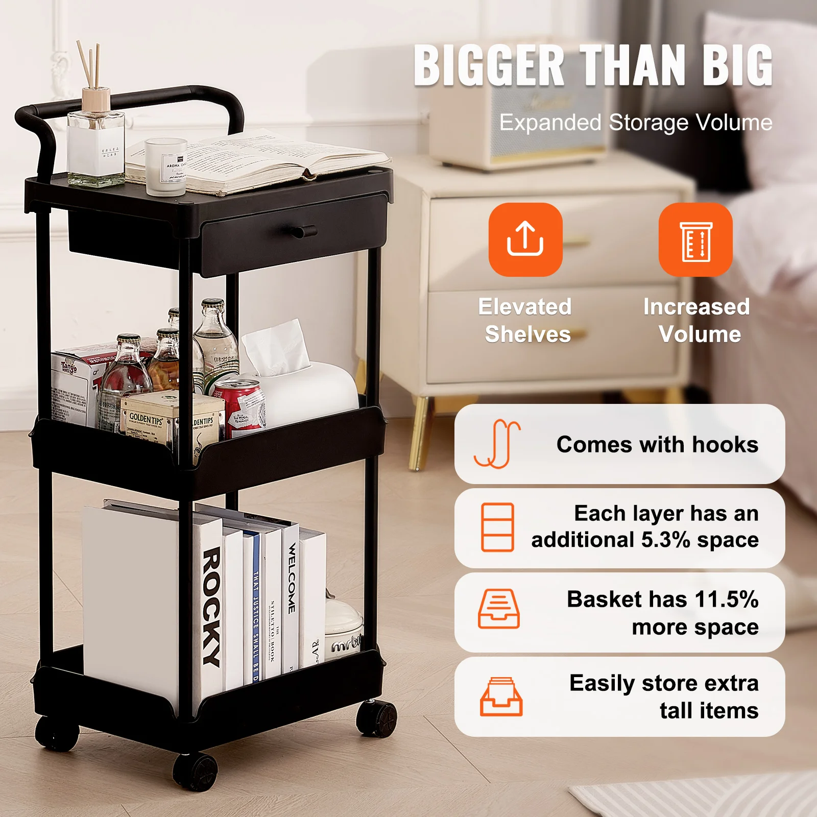 VEVOR 3-Tier Rolling Utility Cart Kitchen Storage Trolley with Drawer Handle for Office Living Room Movable Storage Organizer