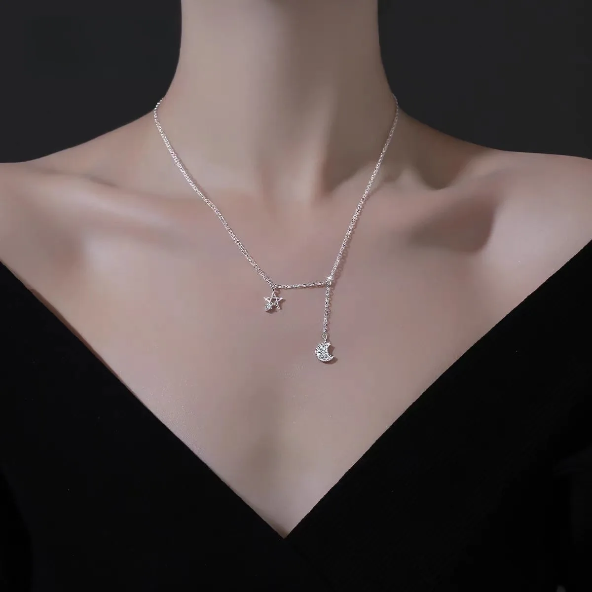 

Изысканные кулоны-цепочки из стерлингового серебра 925 пробы с микрокристаллами в виде звезды и луны, популярные среди женщин, XL174