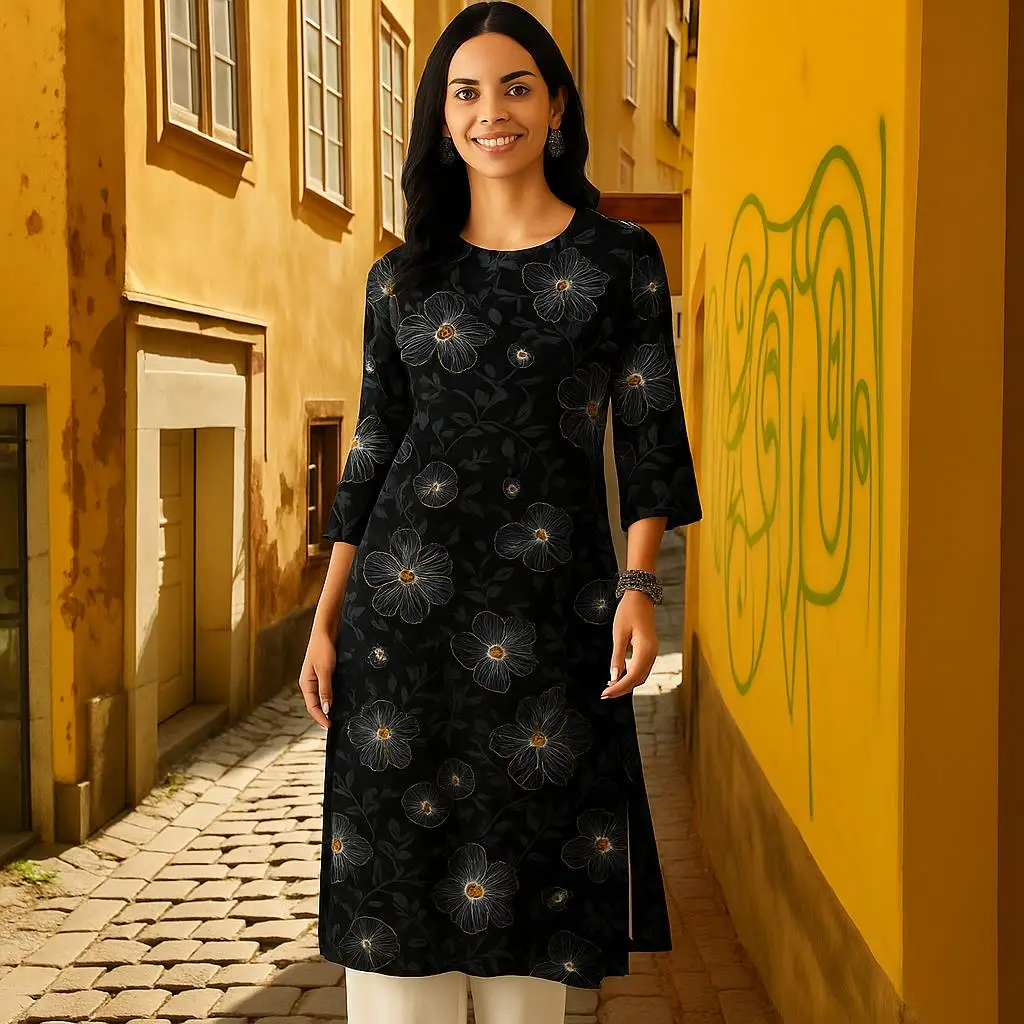 

Мусульманское женское повседневное платье Курта с разрезом по подолу, прямое повседневное этническое платье с павлином, цветы мандарина, Abito Donna Musulmana, мусульманский Куртта