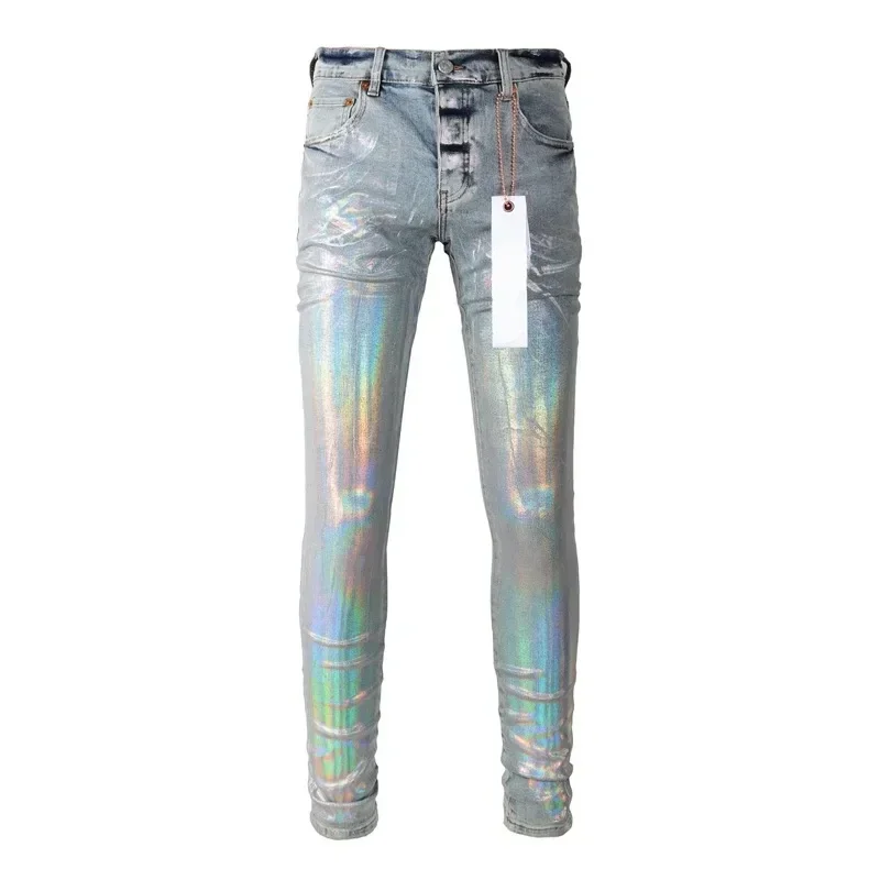 

Purples Men Jeans Fashion brands High quality Top Street Coating Silver Repair Low Rise Skinny Denim Pants