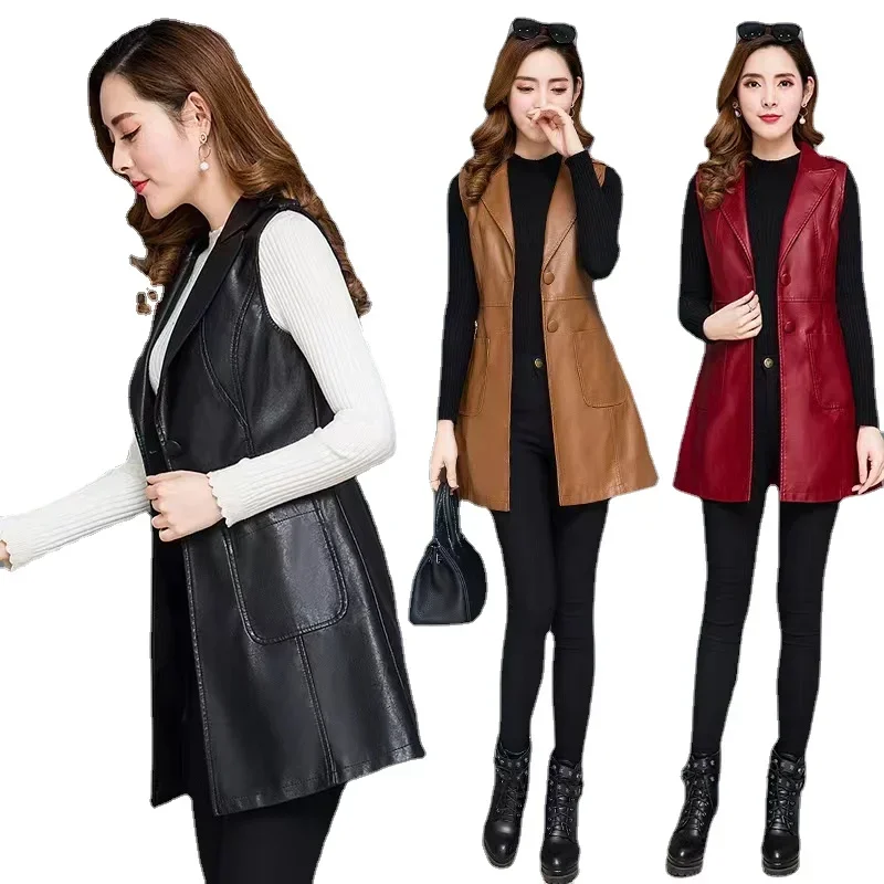 Faux Leather Vest Women\'s Clothing 2022 PU Autumn Jacket Korean Solid Sleeveless Vest Mid Long Coat Female Waistcoat Outerwear