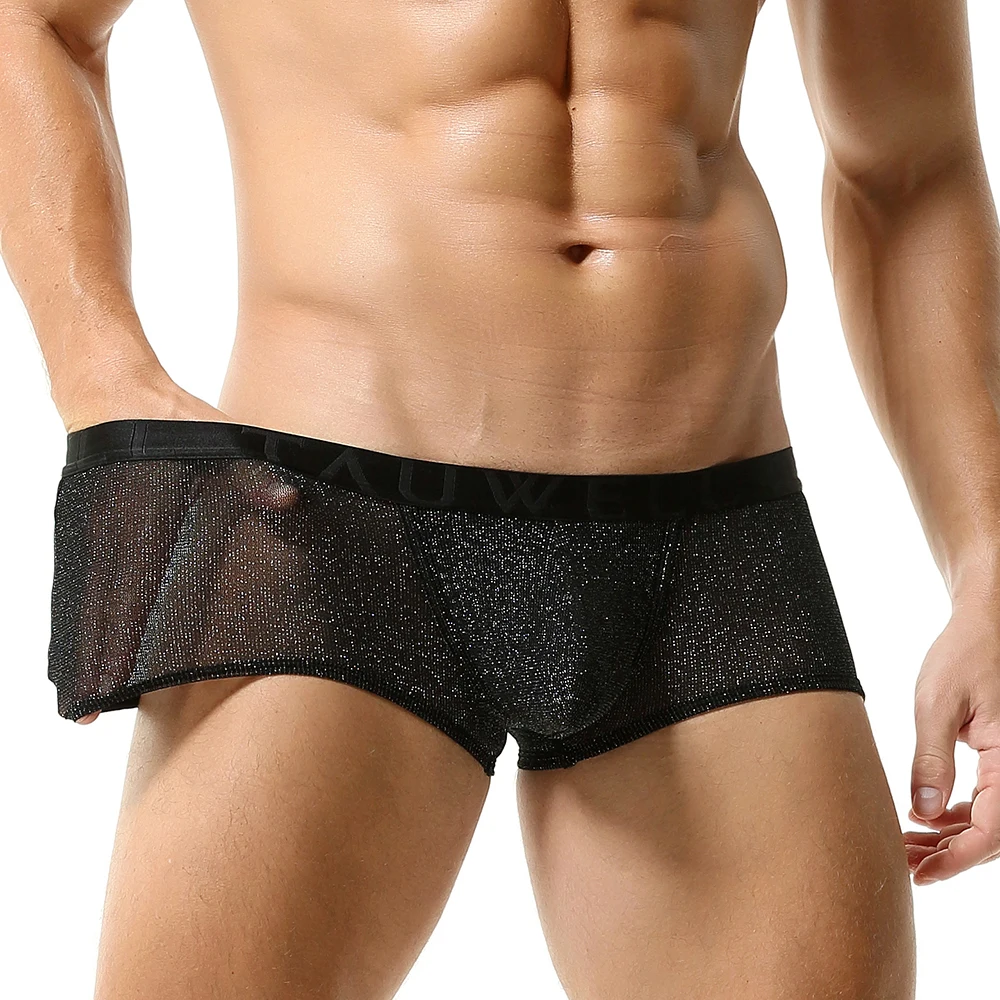Bóxer de malla para hombre, ropa interior sexy de tul, pantalones cortos transparentes con perlas, bolsa para pene
