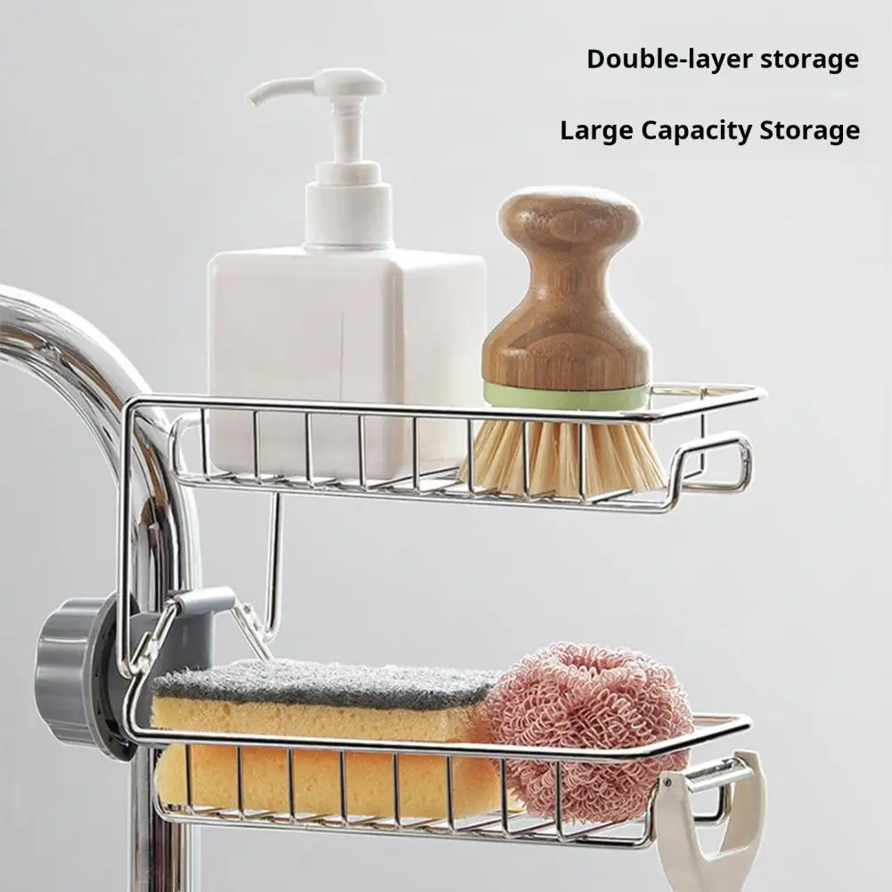 

Kitchen Organizer Adjustable Faucet Storage Rack Sponge Holder for Sink Organization Corrosion Resistant with Hollow Design 2pcs