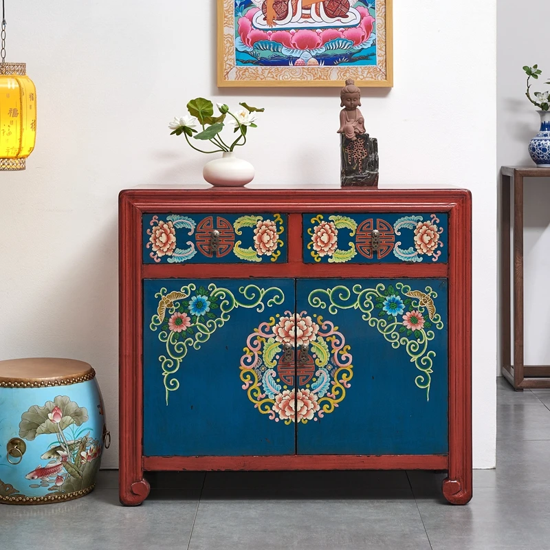 

New Chinese painted furniture antique porch cabinet solid wood door hall cabinet bedroom home locker retro sideboard cabinet