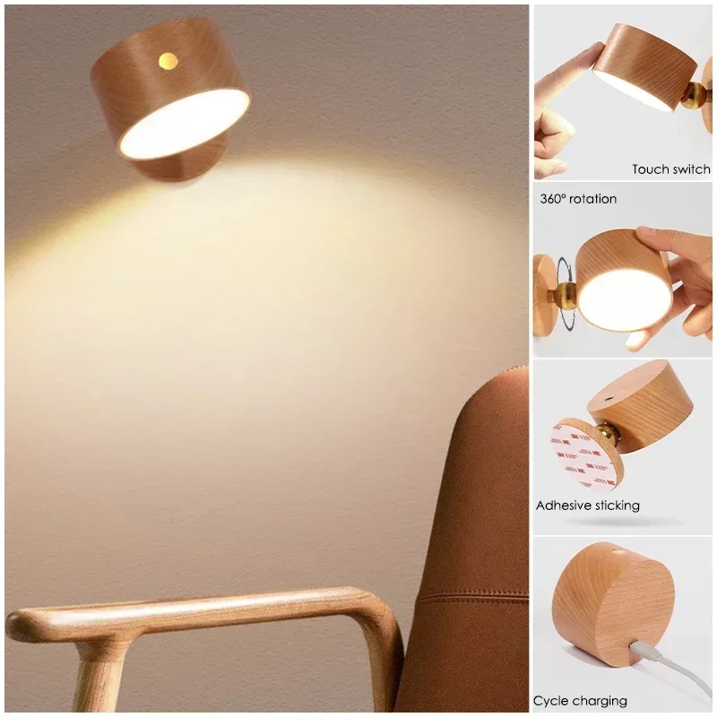 USB Wooden Wall Lamp Desk Lamp Touch Dimming LED Night Light 360° Rotating Eye Protection Atmosphere Magnetic Bedside Lamp