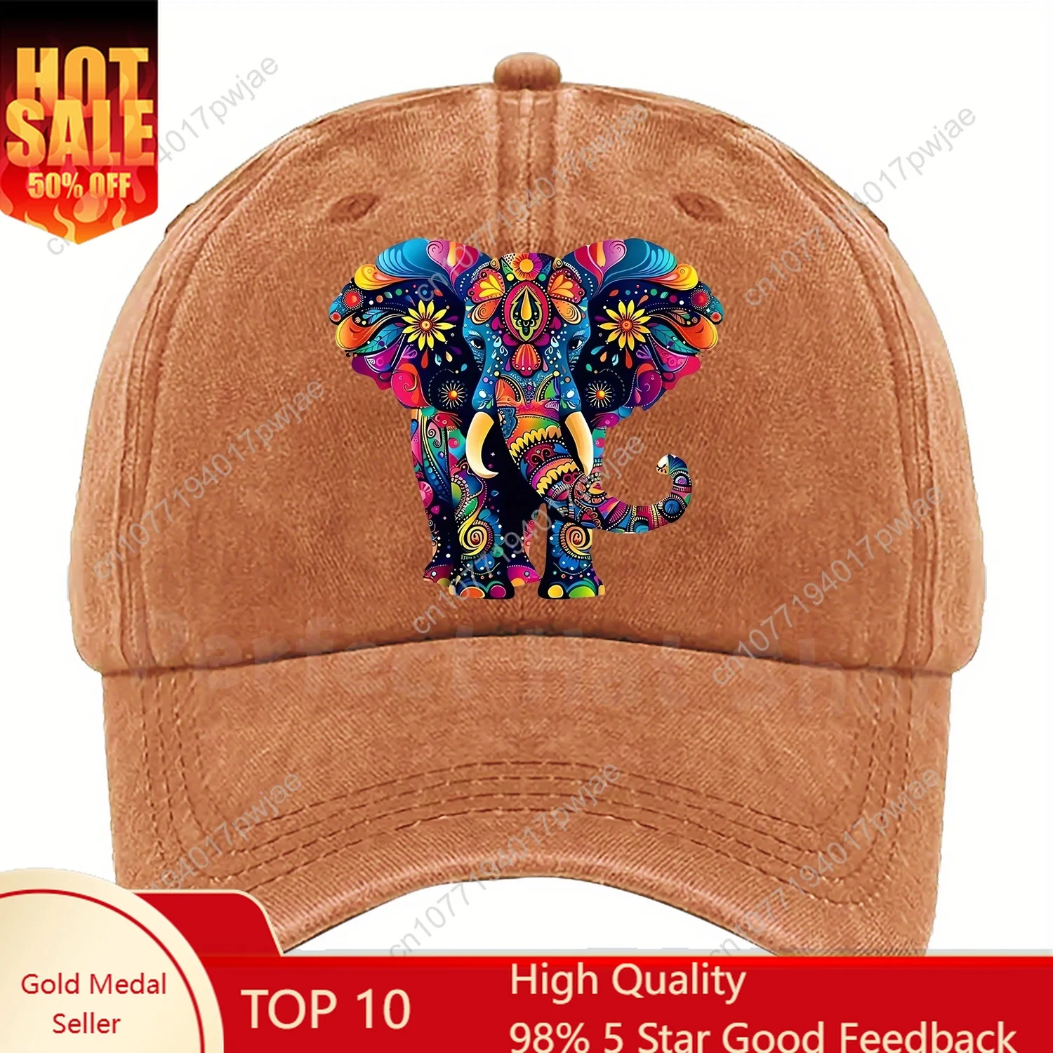 

Adjustable Golden Baseball Cap with Vibrant Elephant Print, Polyester, Machine Washable, Perfect for Outdoor Activities, Adjusta