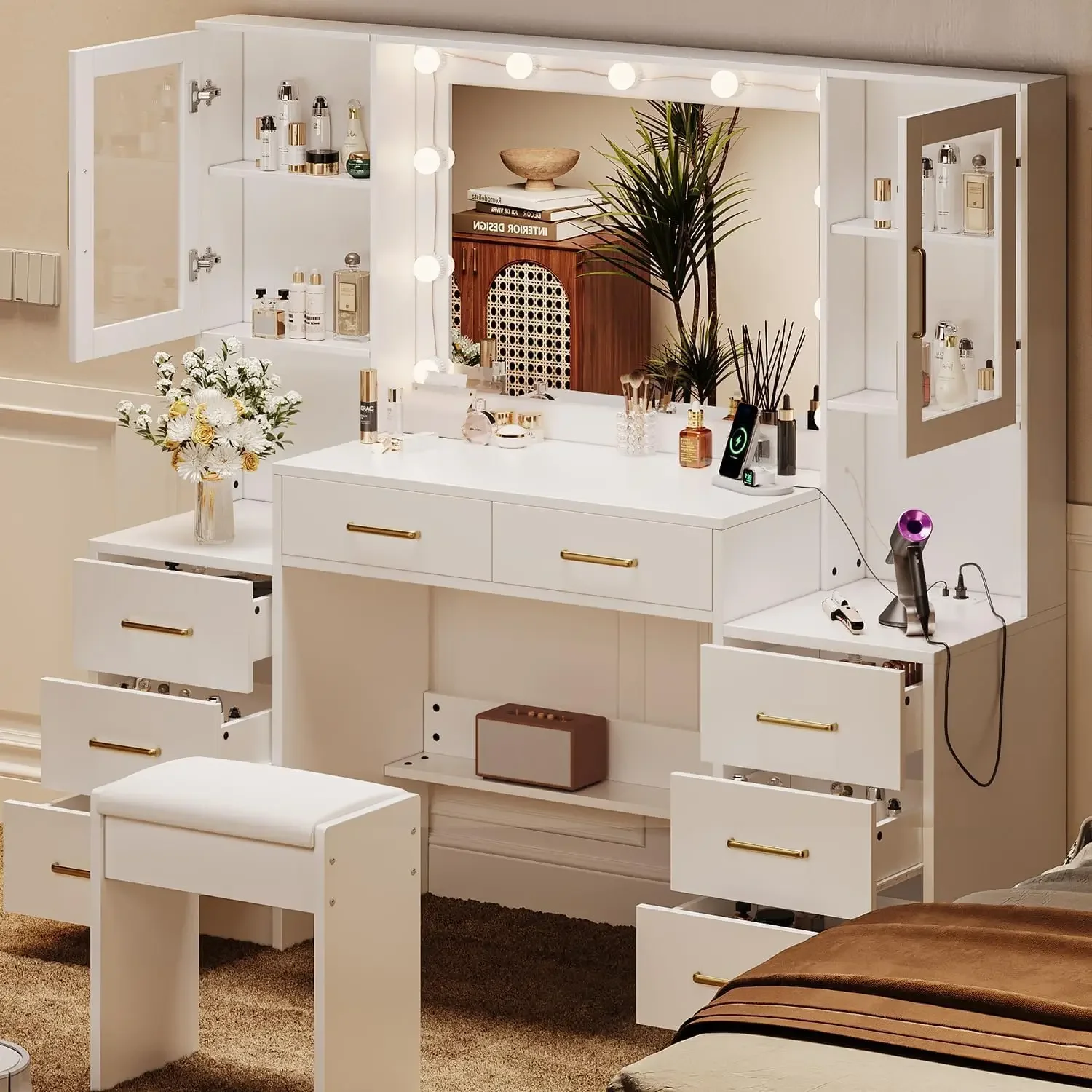 Vanity Desk with Mirror and Lights Charging Station  Lighting Modes Makeup Table with 8 Drawers and Cabinets