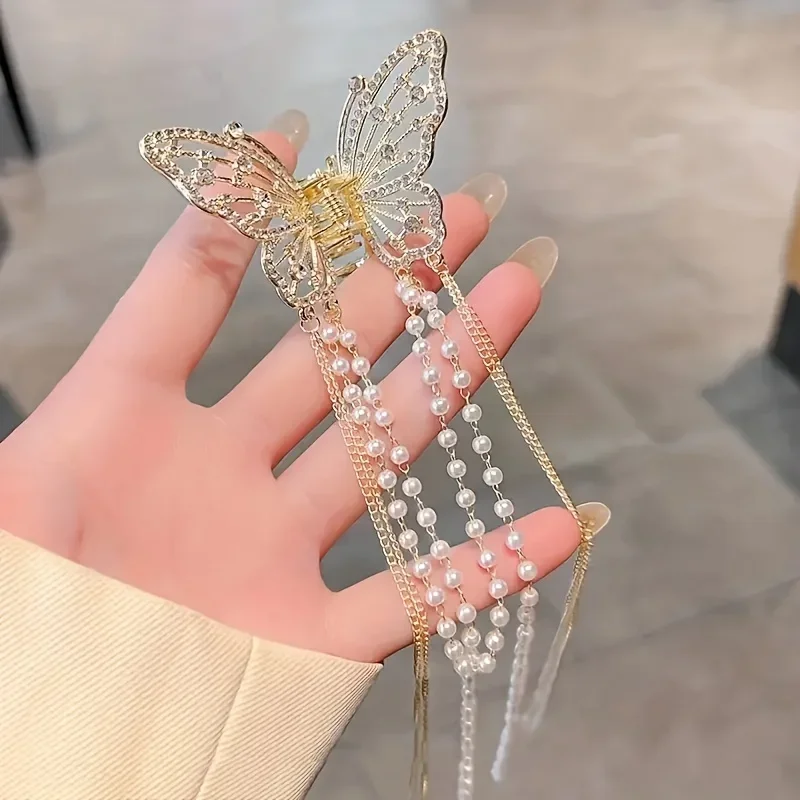 1 Pcs Full Diamond Hollow Butterfly Tassel Hair Accessories, Pearl Bead Chain Back Of The Head Grab Clip, Zinc Alloy Shark Clip