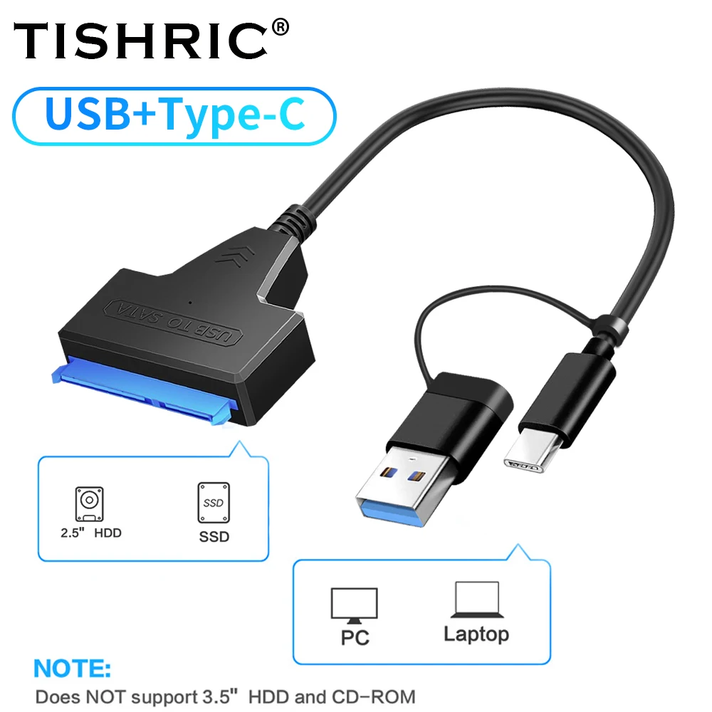 TISHRIC  2-in-1 Hard Drive Cable SATA 22Pin to Type-C USB 3.0 Easy Drive Cable External HDD SSD Hard Drive Adapter for Laptop PC