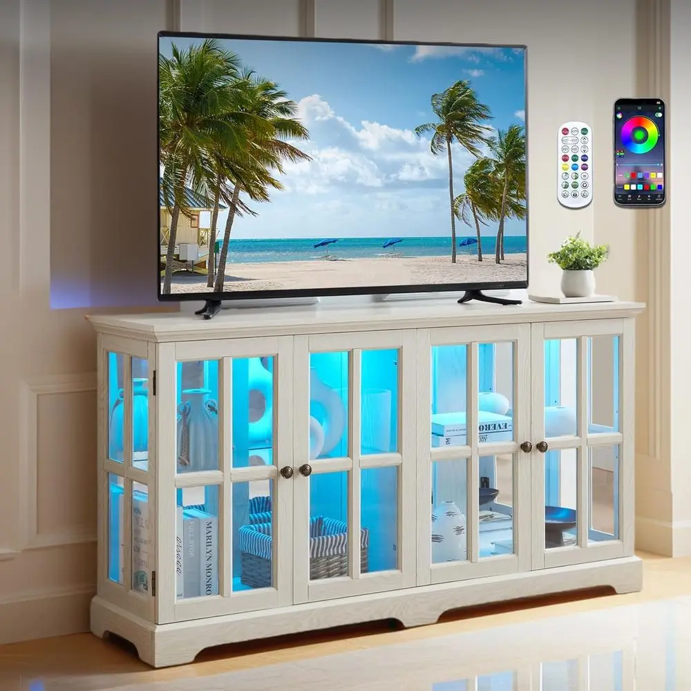 LED-Illuminated 59 White Curio Cabinet with 7 Color Options, Vintage Glass Display for Living Room or Entryway