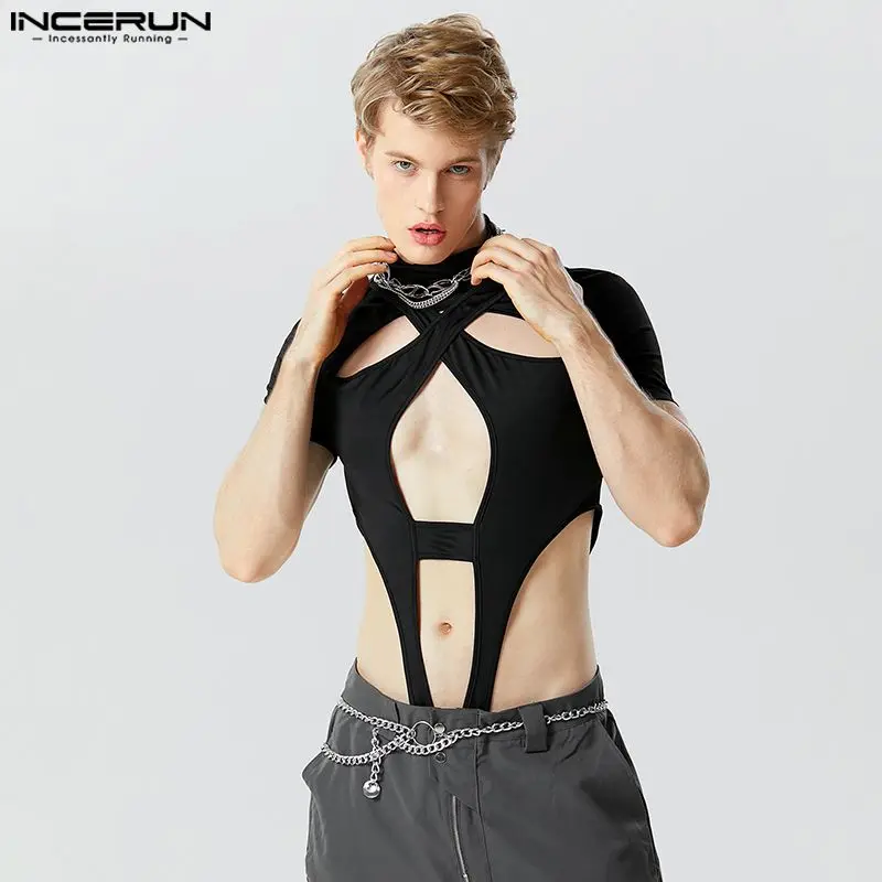 2023 Men Bodysuits Solid Turtleneck Short Sleeve Hollow Out Unisex Rompers Sexy Streetwear Fashion Bodysuits T Shirts INCERUN 7