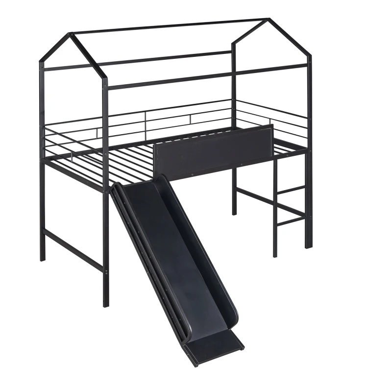 Casa de metal cama com Slide, Twin Size Metal Loft cama, frente e verso gravável madeira placa, preto