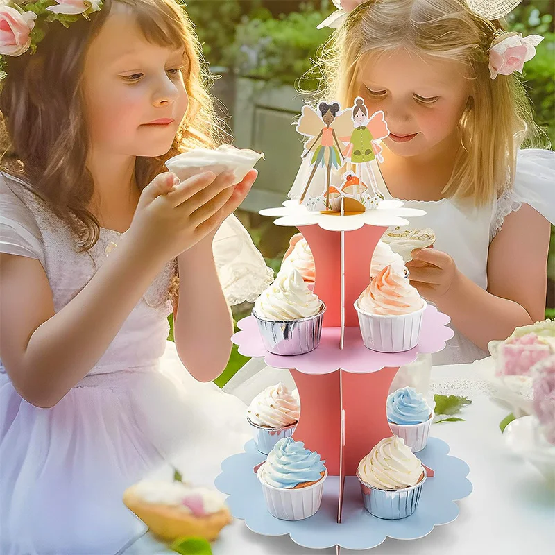 Pastel Woodland Fairy Mushroom Cupcake Stand for Girls Birthday Party Decorations 3 Layer Solid Paper Cake Stand Party Supplies