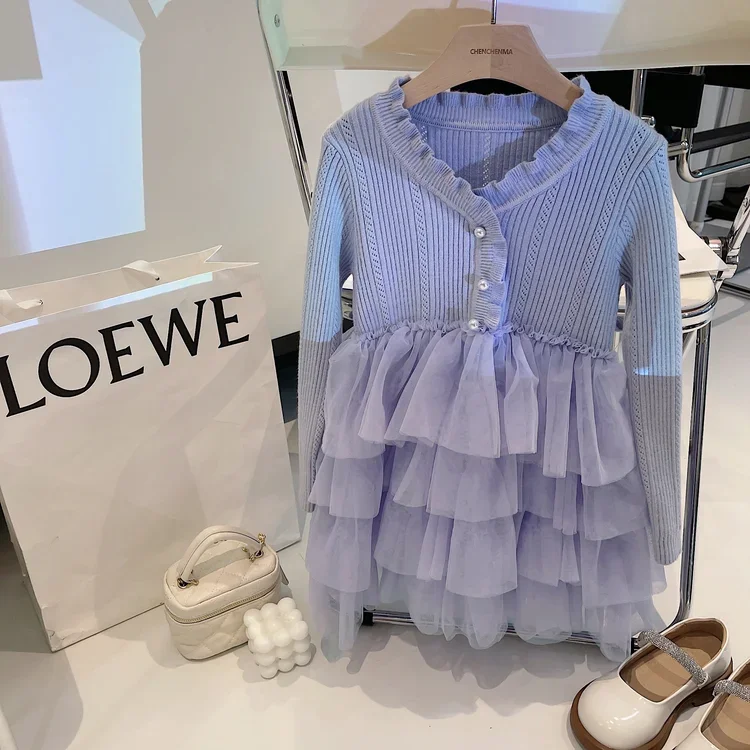 

Birthday Princess Dresses Children Kids Vestidos Knitted Clothes 2025 New Girls Baby Knit Sweaters Mesh Cake Dress Autumn Winter