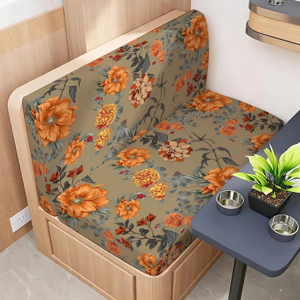 2pcs Khaki vintage orange-toned large floral pattern elastic campervan sofa cover, suitable for decoration of camping vehicles