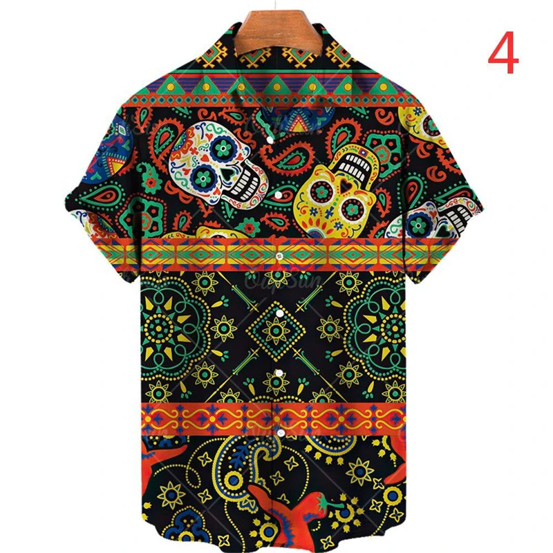 Camisa masculina para turismo estampada em 3D, camisa havaiana, blusa solta de manga curta, vintage, criativa, mexicana festa, verão, nova, 3XL