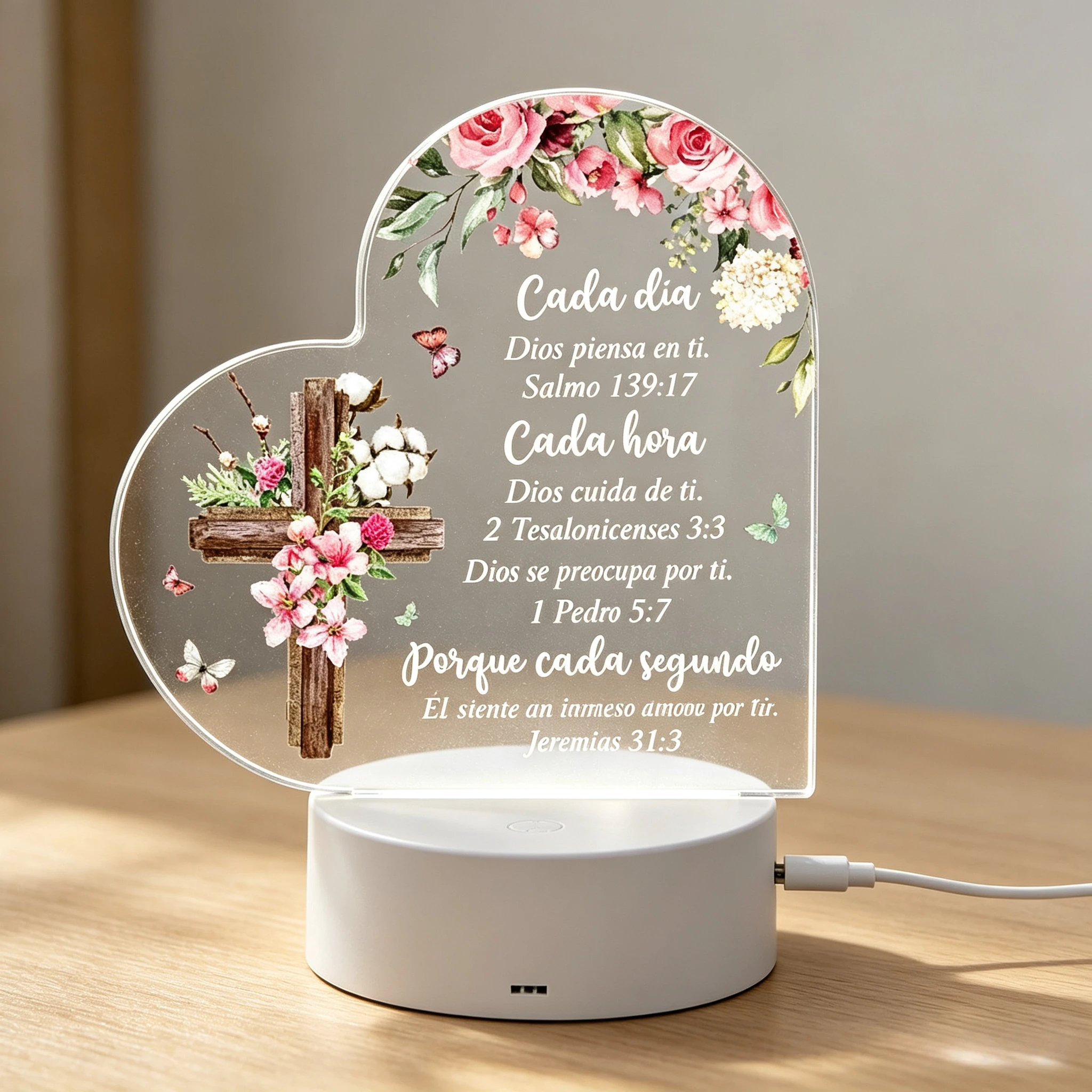 Heart‑Shaped Spanish Bible Verse Cross Acrylic Night Light, LED Bedside Lamp Christian Faith Gift