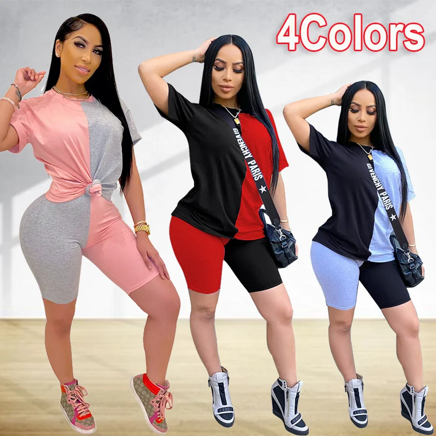 

New Women Patchwork Sporting Casual Two Piece Set Short Sleeve T-shirt and Above Knee Shorts Fashion Tracksuit Outfits