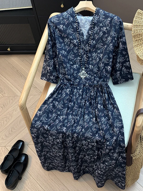 

Summer Vintage plus Size Women's Dress Korean Japanese Style Floral Print Loose Fit High Waist A-Line Skirt V-Neck Midi Dress