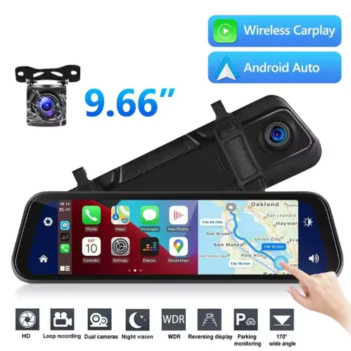 9.66 Inch IPS Touch Screen Rearview Mirror Dual Lens Carplay Dashcam Recorder Dash Cam Streaming Reverse Imaging for Black