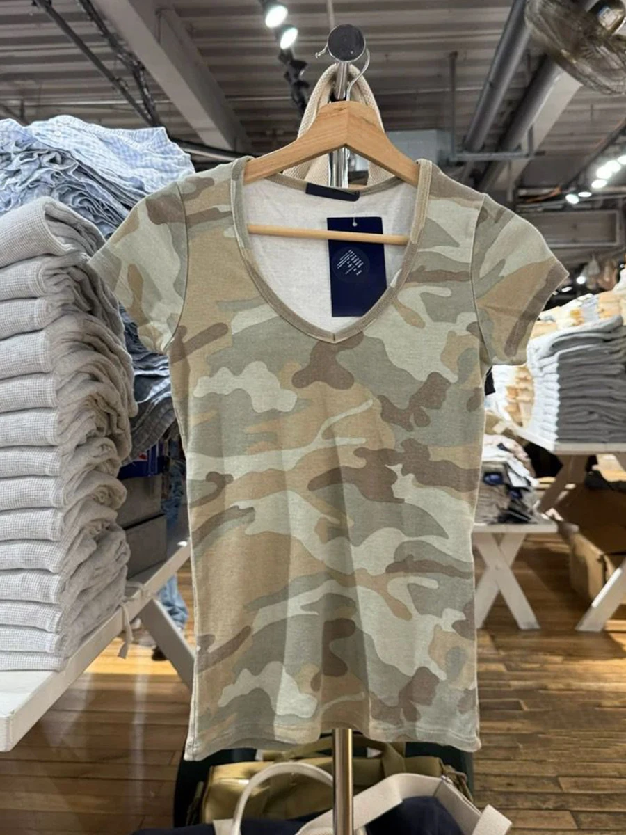 

Vintage Camouflage Short Sleeve T-shirt For Women Summer V-neck Cotton Slim Tee Shirts Female Y2k Streetwear Retro New Y2k Tops
