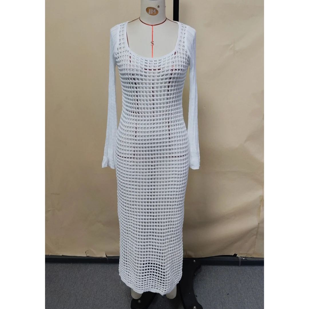 Langärmliges, quadratisches Neckholder-Strickkleid mit Ausschnitten, Strandkleid, Strandmode, Strandüberwurf, Damen V6111 – Detail 8
