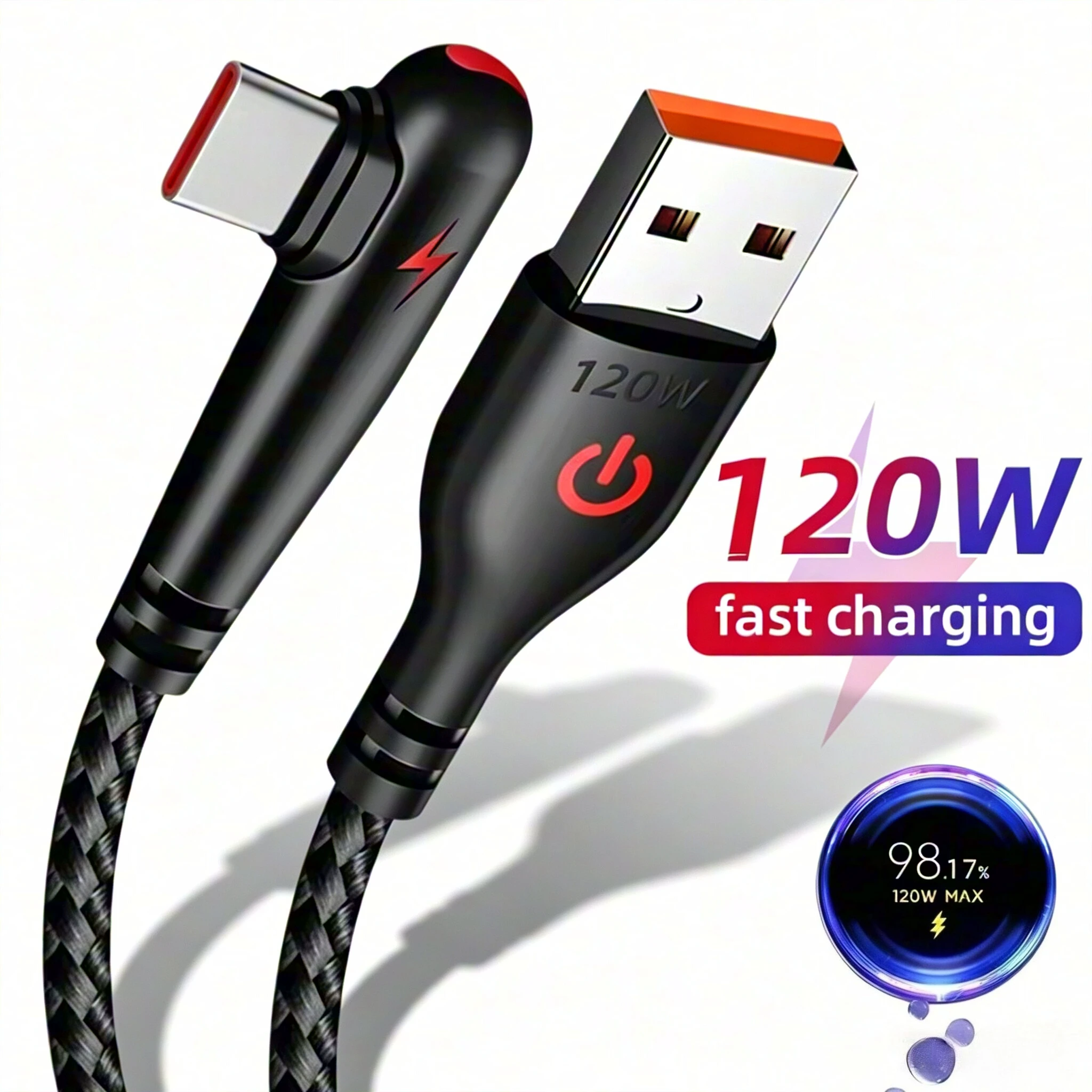 USB C 90° Elbow Cable 120W Type C Fast Charging Mobile Phone Wire For Samsung Xiaomi Huawei Honor USB-C Quick Charge Data Cord