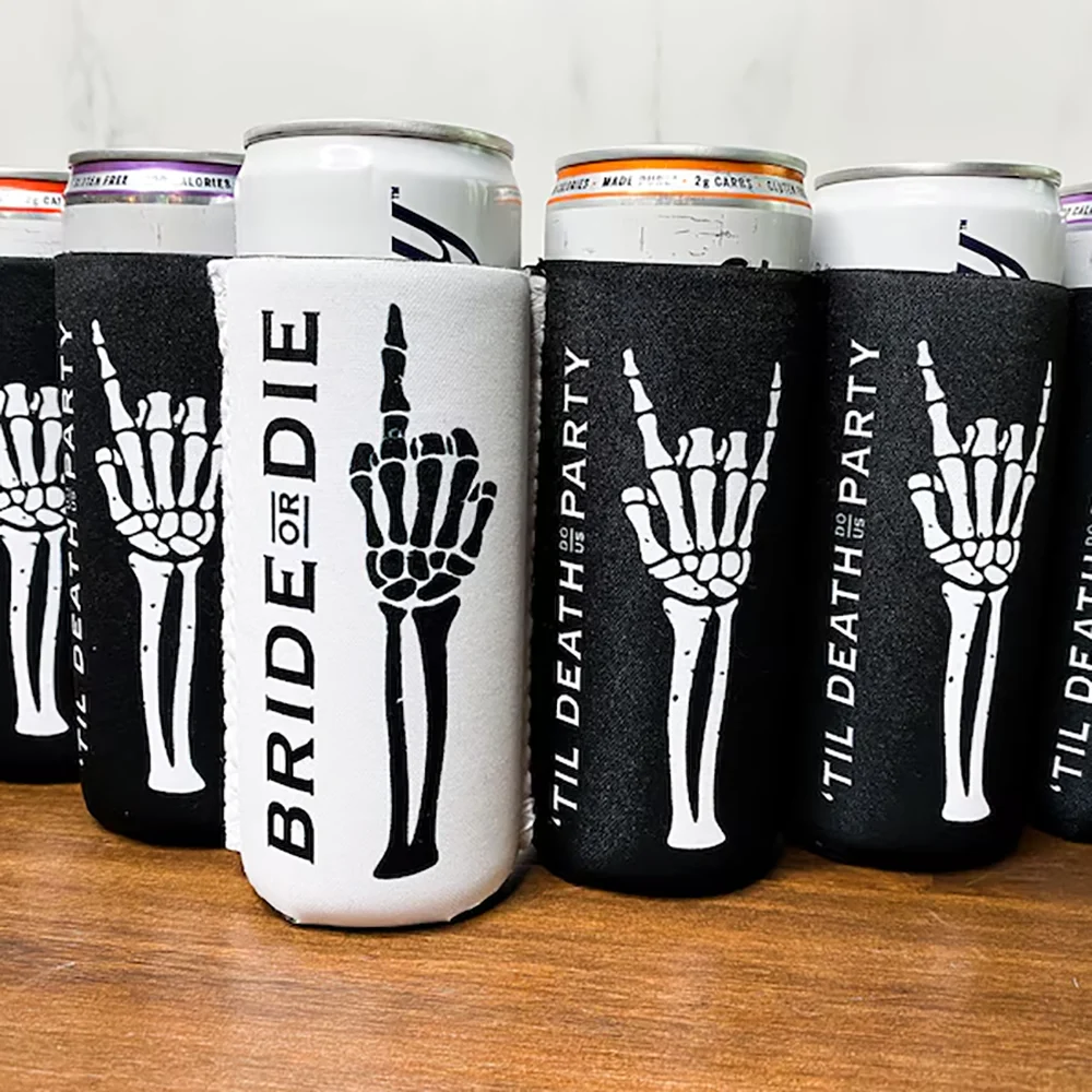 Bride or Die Goth Bachelorette Slim Can Cooler Bachelorette Gift Party Favor Skeleton Design Stubby Holder Party Supplies Favor