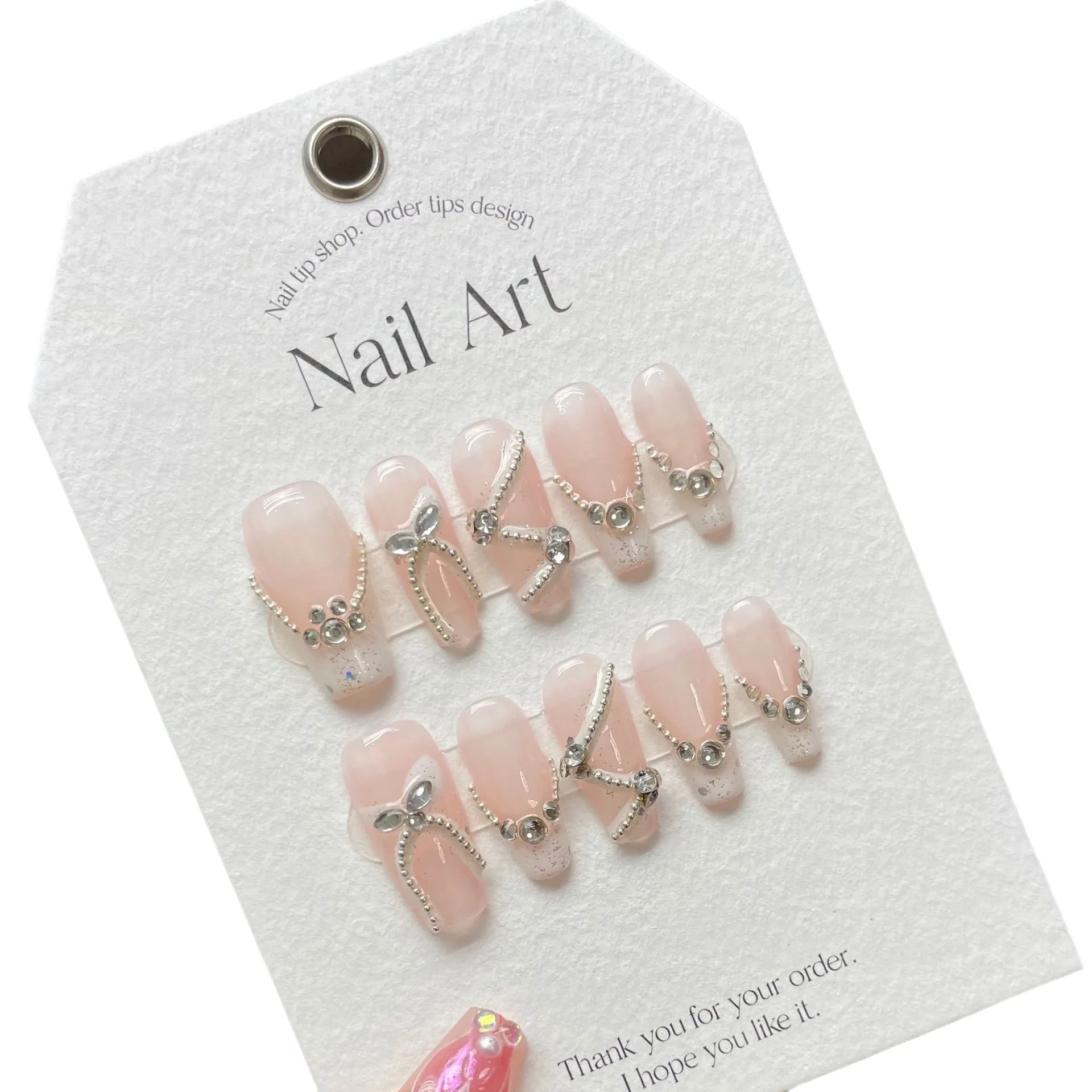 10PC wearable Princess Pink y2k French fake nails press on long handmade acrylic ballet diamond false nail tips