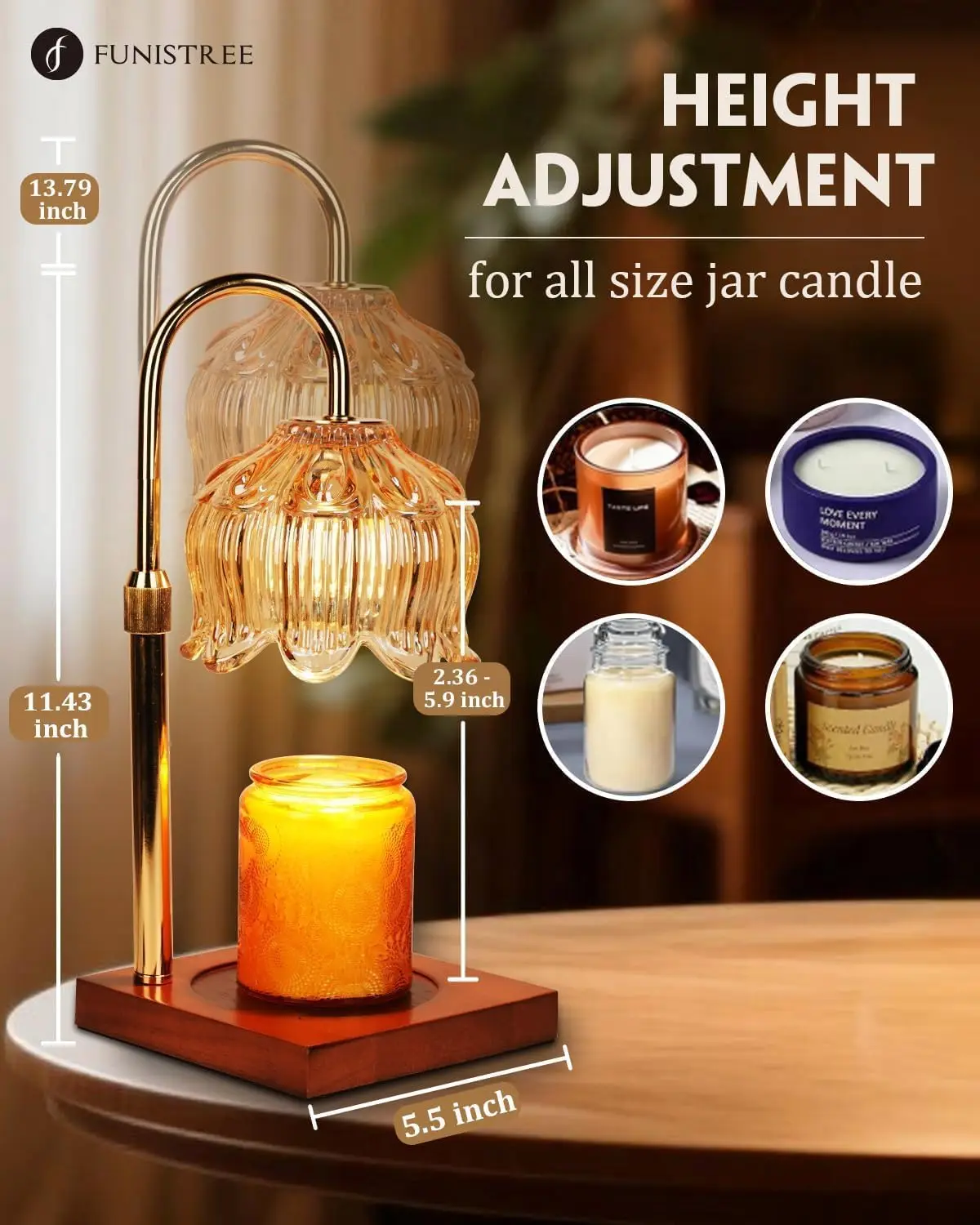 Flower Candle Warmer Lamp with Timer & Dimmer, Adjustable Height for Jar Candles, Gift for Women Mom