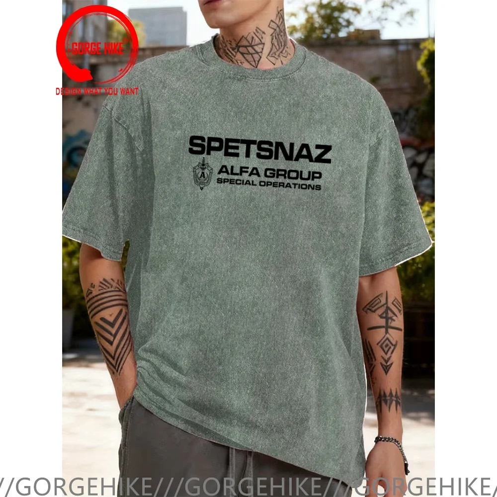Vintage Washed Cotton T-Shirt Funny Designer Russian Spetsnaz Special Forces Spetsgruppa V Vympel Group T Shirt Men Fashion Tren